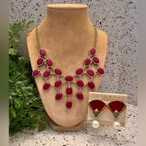 Deep red and gold tone necklace set